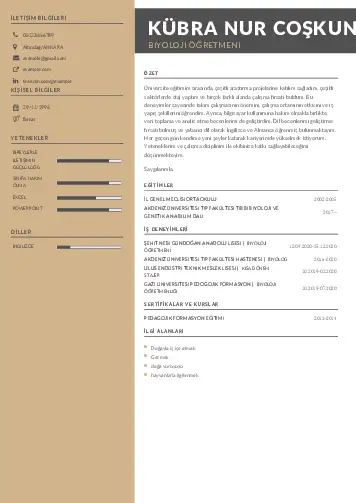 Biyoloji Öğretmeni CV Örnekleri cv indir